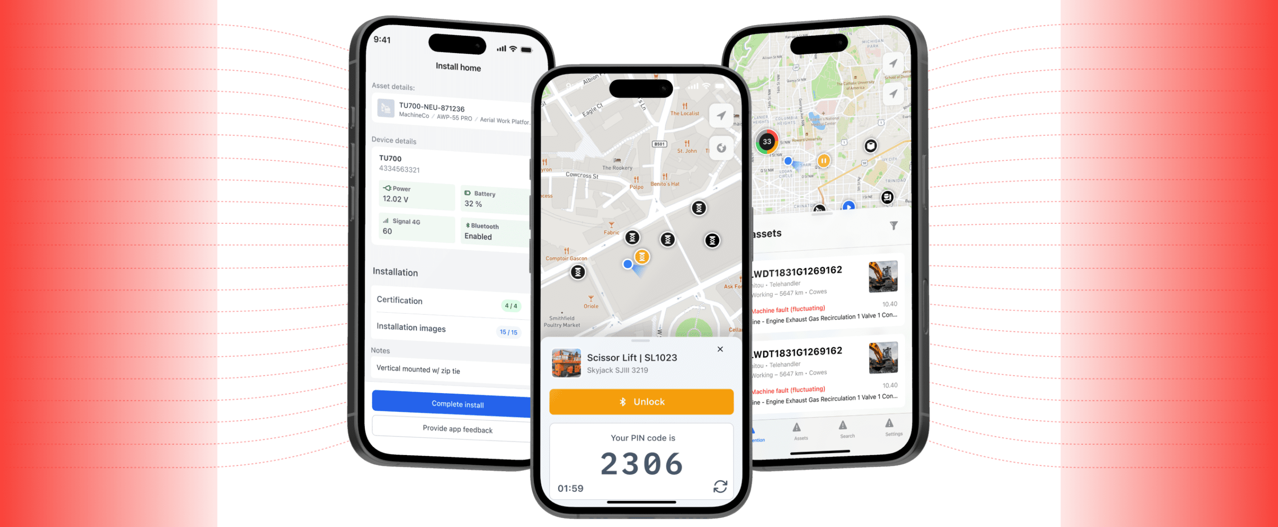 Three smartphones show a vehicle-sharing app with maps, pins, and unlock screen, for construction equipment tracking; red gradient background.