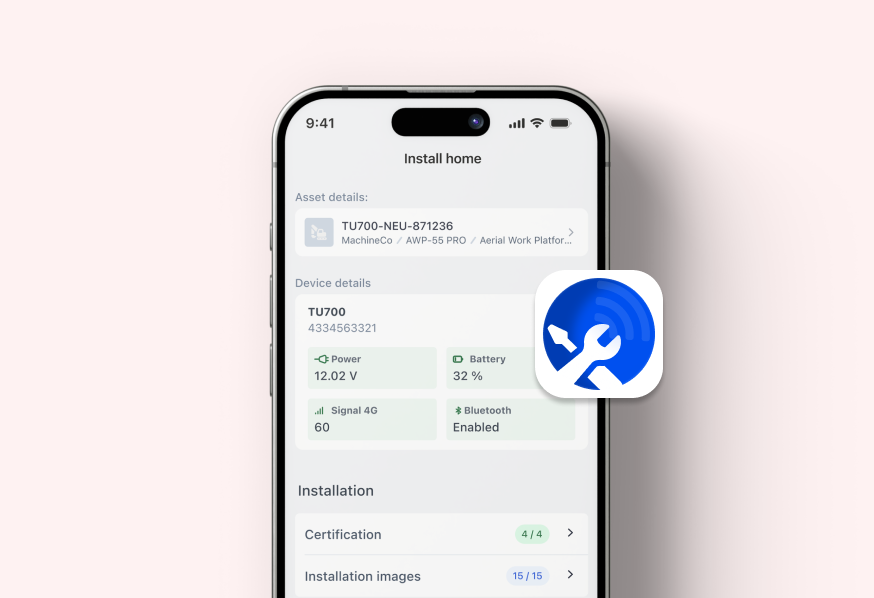 A smartphone shows a device installation screen with technical details, suggesting telematics. Light pink background, app icon overlaps.