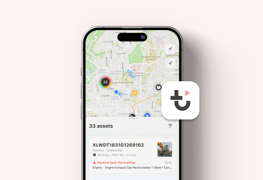 A smartphone shows a map with asset locations, machine fault alert, and asset details with a red engine warning for fleet management.