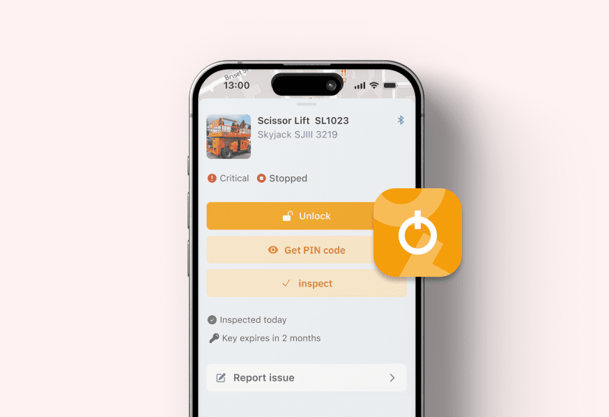 A smartphone shows an equipment app with scissor lift info, status, and actions. An orange app icon overlaps the bottom right. Fleet management.