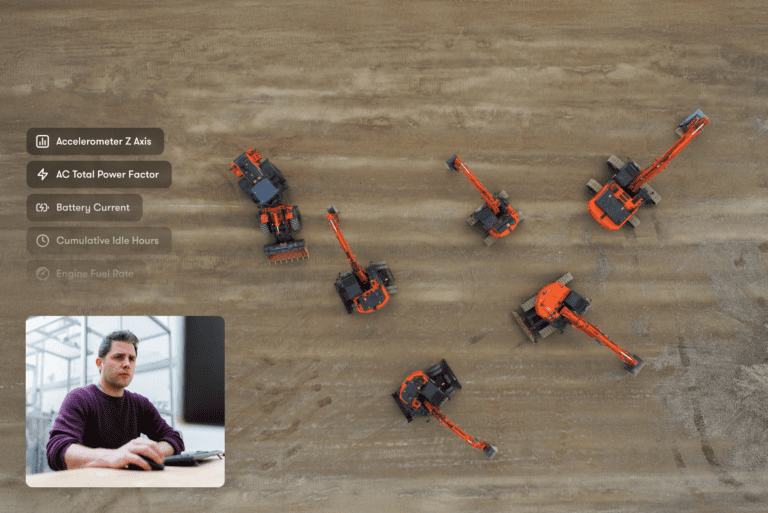 Aerial view of six orange construction vehicles with overlay of equipment metrics and a man at a computer, illustrating fleet management.