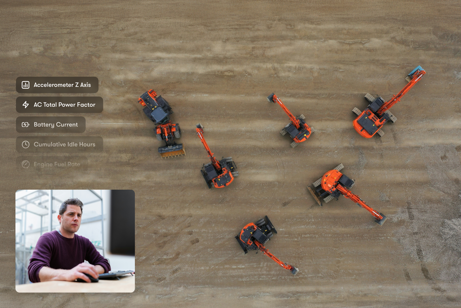 Aerial view of six orange construction vehicles with overlay of equipment metrics and a man at a computer, illustrating fleet management.