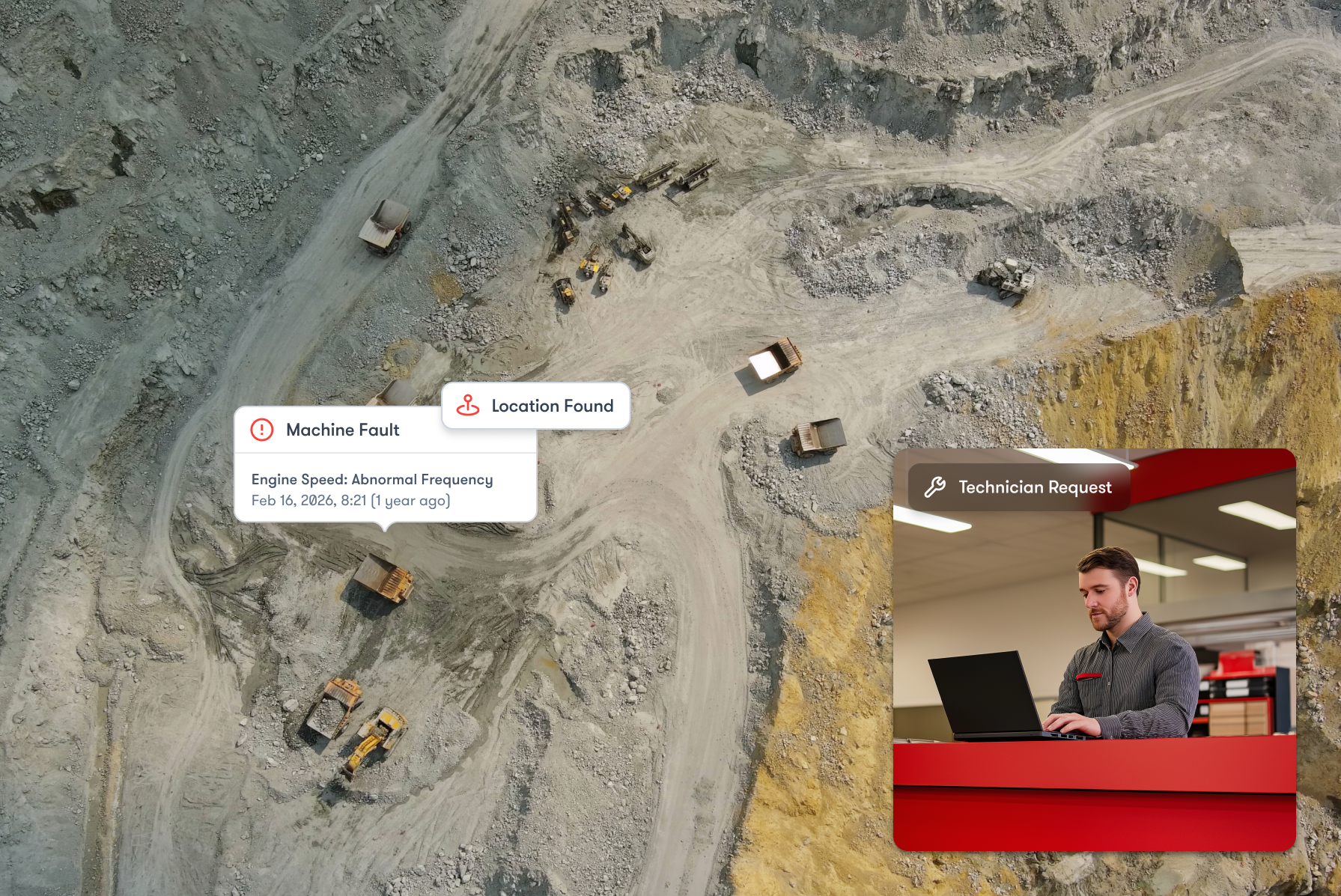 Aerial view of a mining site with trucks and machinery, digital overlay highlights faults and location; technician requests service—telematics.