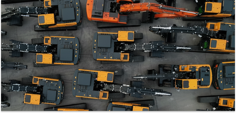 Aerial view of orange and black excavators neatly lined up for fleet management on a paved surface, one standing out in color.