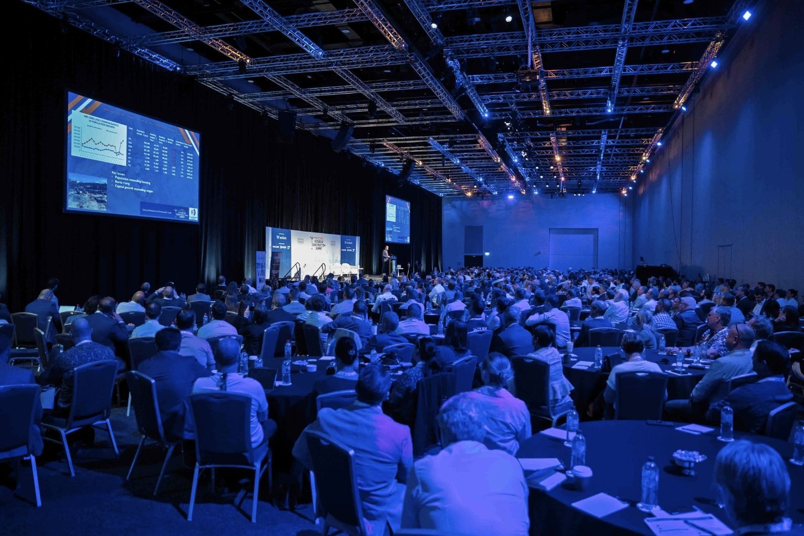 Conference room with attendees at round tables, stage speakers, blue lighting, and IPAF Elevation UK 2026 slides on connected jobsite.