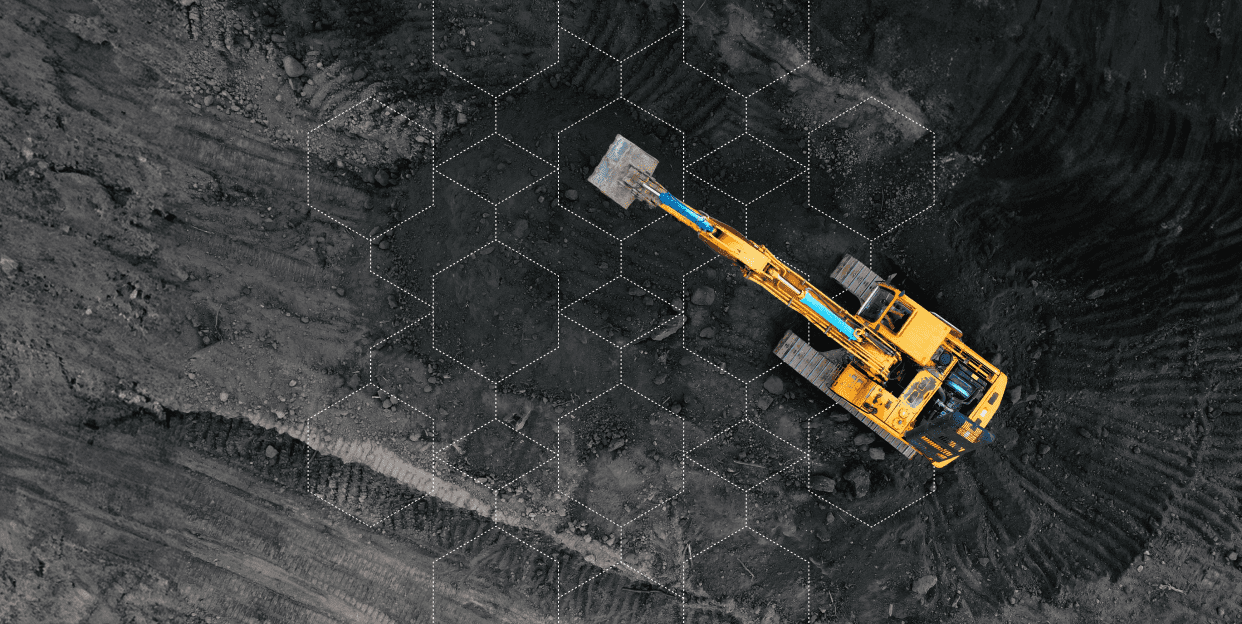 A yellow excavator on dark soil, seen from above, with white AI system lines overlaying the terrain for construction equipment tracking.