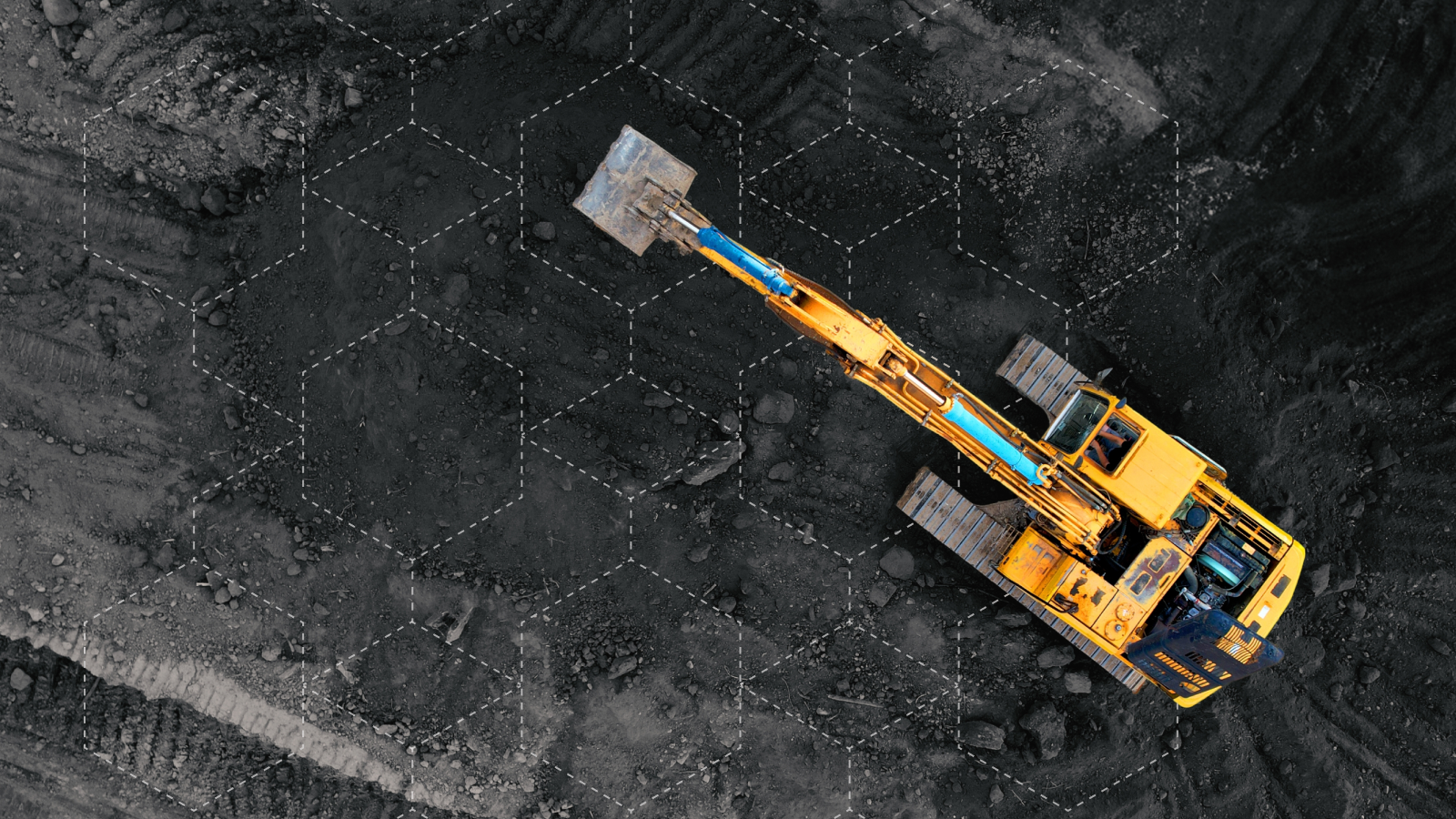 A yellow excavator digs in a hexagonal grid-marked area, guided by MCP AI for connected jobsite efficiency, viewed from above.