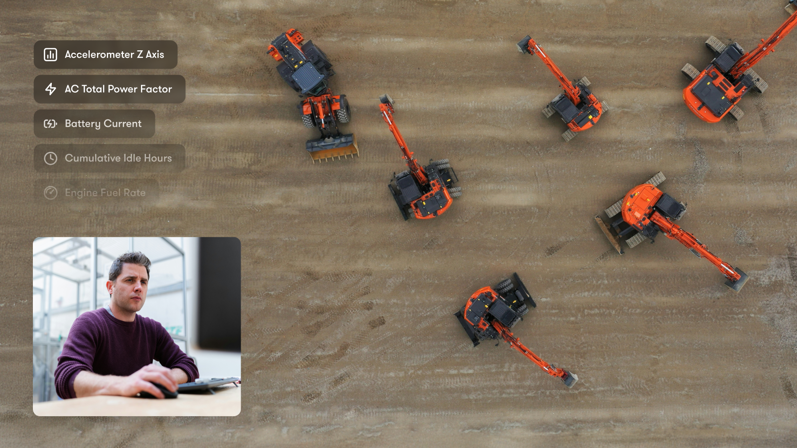 Aerial view of six orange excavators on dirt, inset shows man at computer, with equipment metrics shown—highlighting fleet management.