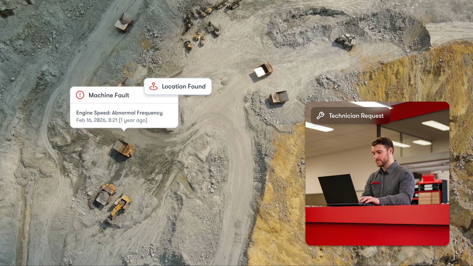 Aerial view of a mining site with trucks and a machine fault alert; inset shows technician on laptop, highlighting connected jobsite.