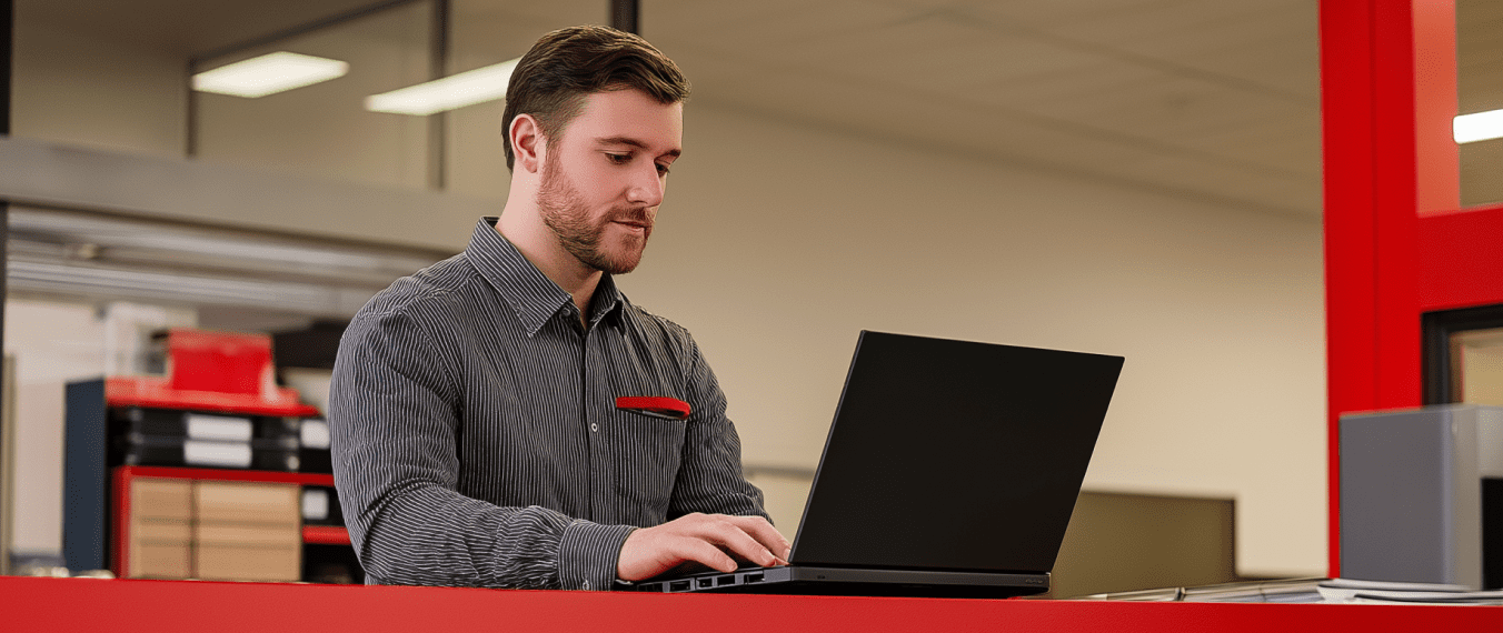 A man with short hair and a beard types on a laptop at a red counter in a modern office, suggesting connected jobsite work.