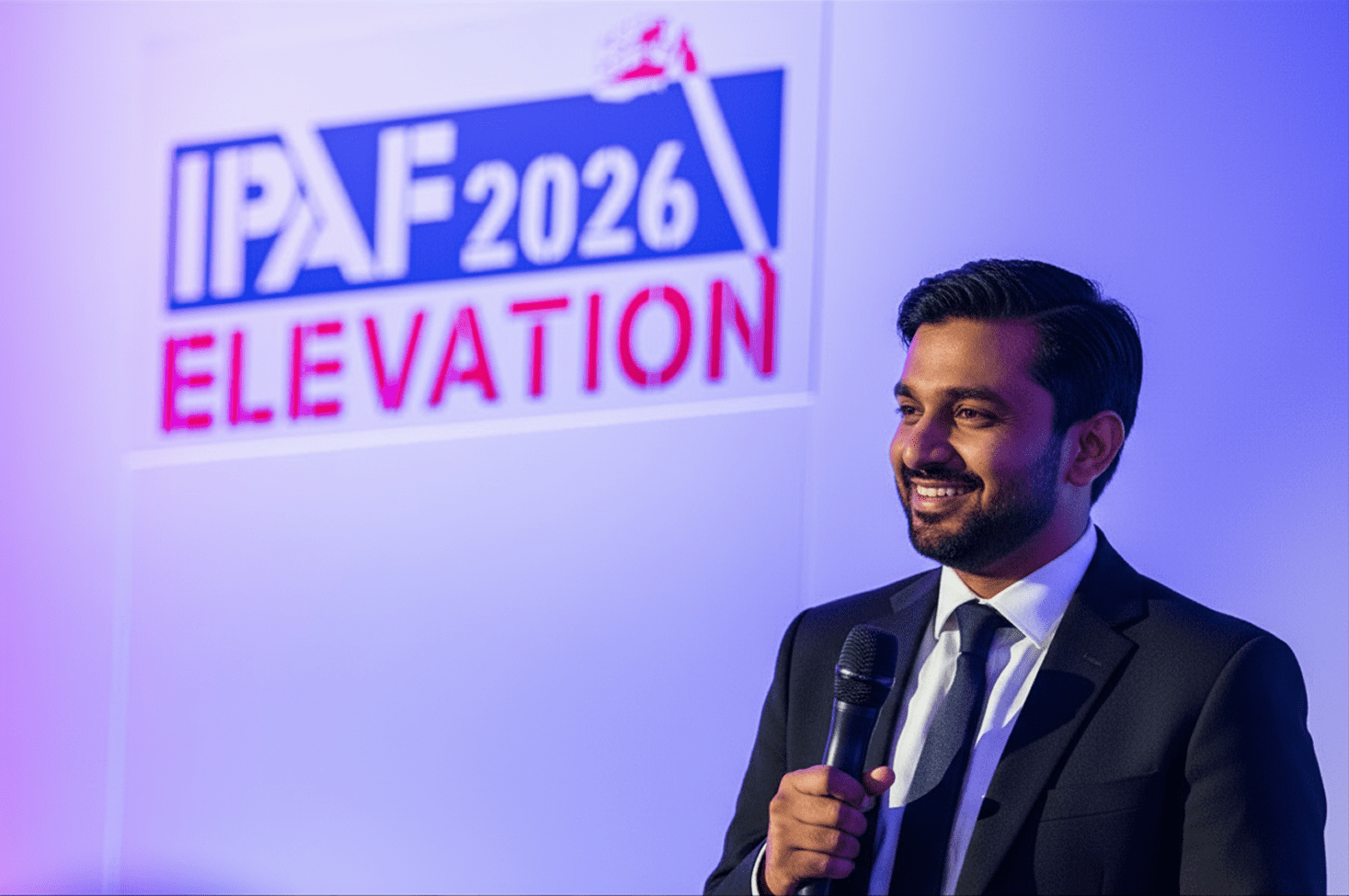 A man in a suit smiles holding a microphone in front of an IPAF ELEVATION UK 2026 sign, with purple and white lighting, at a fleet management event.