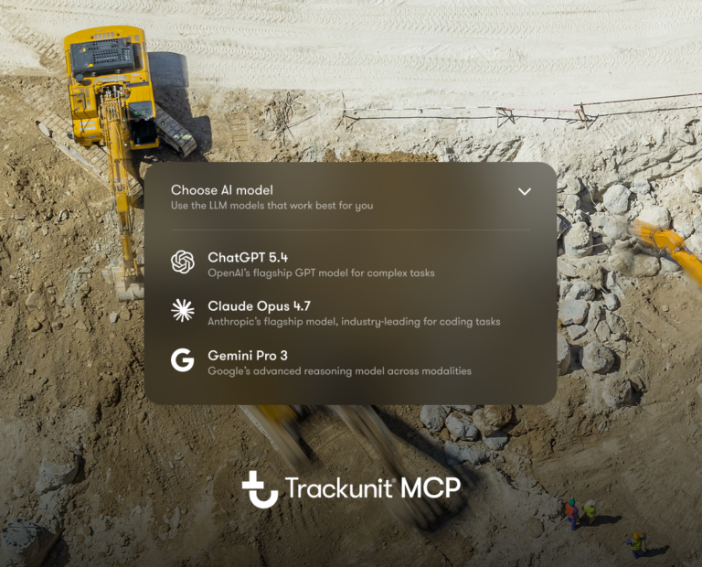 Aerial view of construction vehicles with fleet intelligence; overlay menu for AI models, Trackunit MCP logo at the bottom.