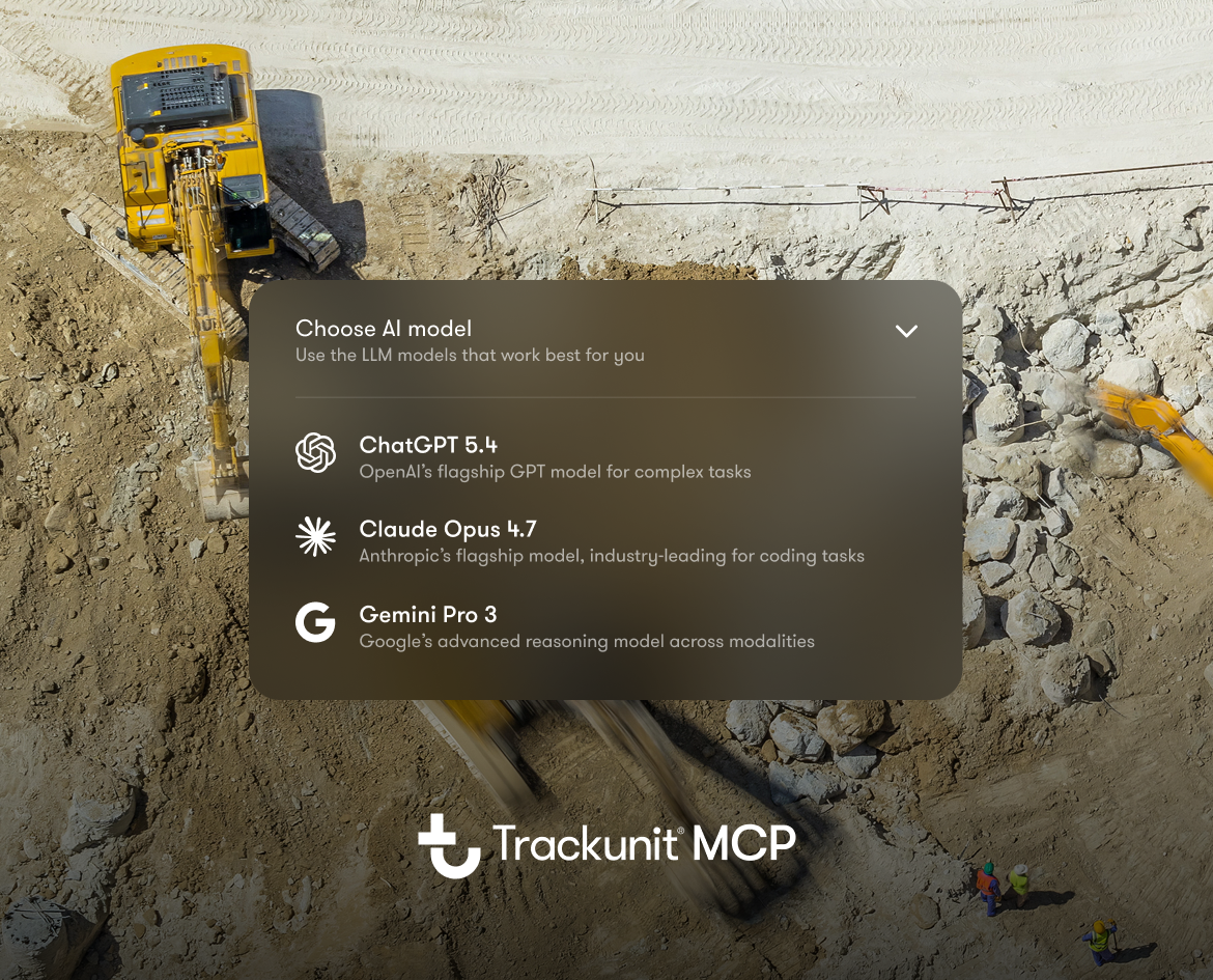 Aerial view of construction vehicles with fleet intelligence; overlay menu for AI models, Trackunit MCP logo at the bottom.