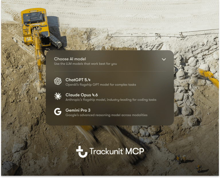 Aerial view of two yellow excavators at a rocky site, overlaid with AI model options and the Trackunit MCP logo at the bottom.