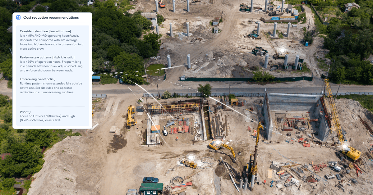 A construction site with machinery and workers; a digital overlay gives cost-saving tips. White arrows point to key areas. Connected jobsite.