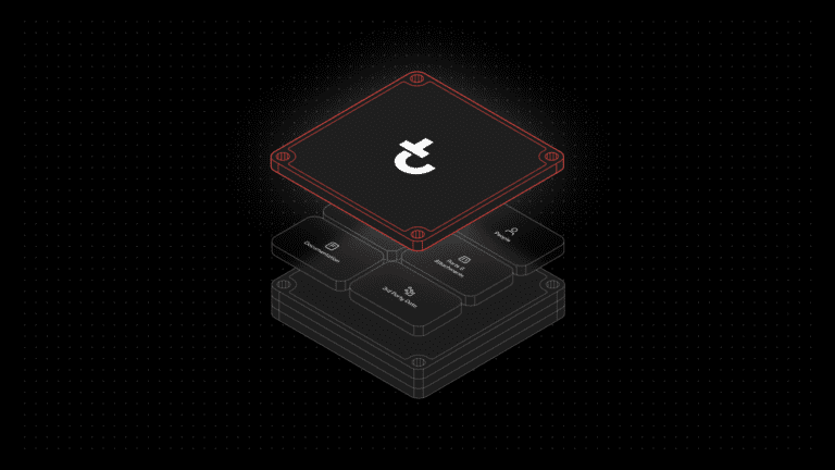Abstract illustration of stacked computer chips on black, top chip in red with white t logo, lower chips show data and security icons.