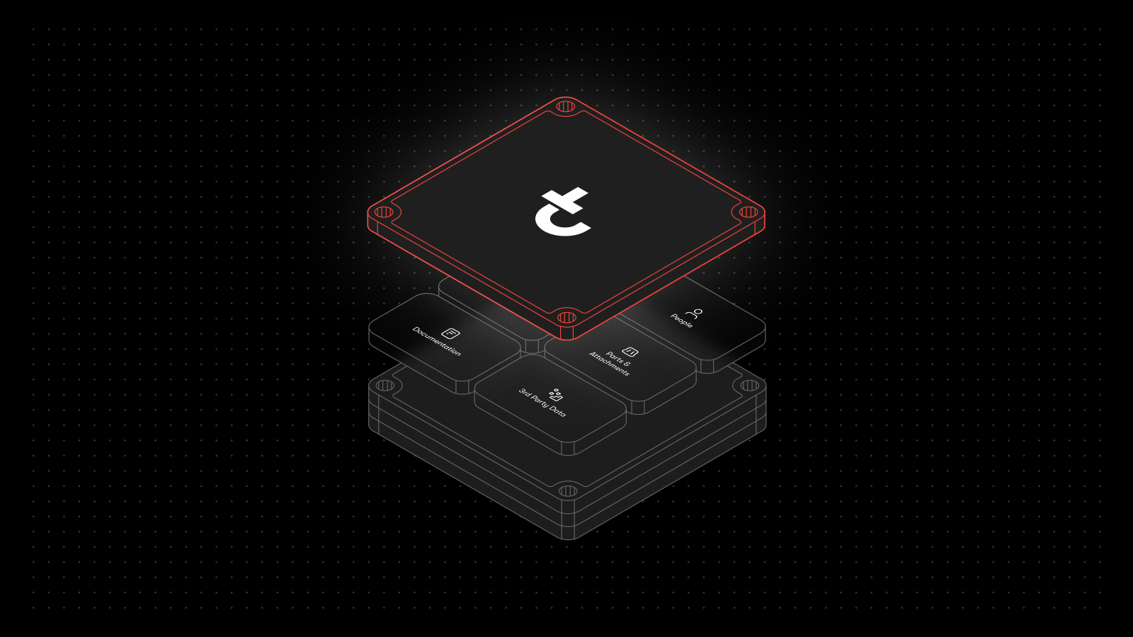 Abstract illustration of stacked computer chips on black, top chip in red with white t logo, lower chips show data and security icons.