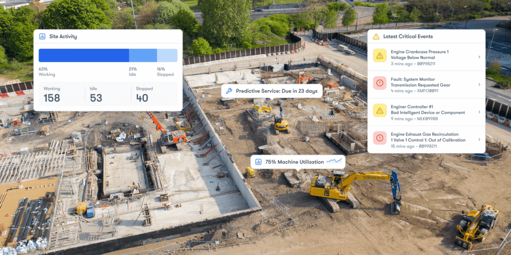 Aerial view of a connected jobsite with excavators, workers, and digital dashboards showing construction equipment tracking data.