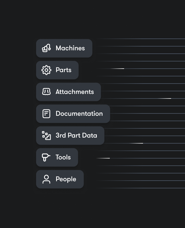 A dark interface with a vertical list and icons for Machines, Parts, Attachments, Documentation, Tools, People—fleet management.