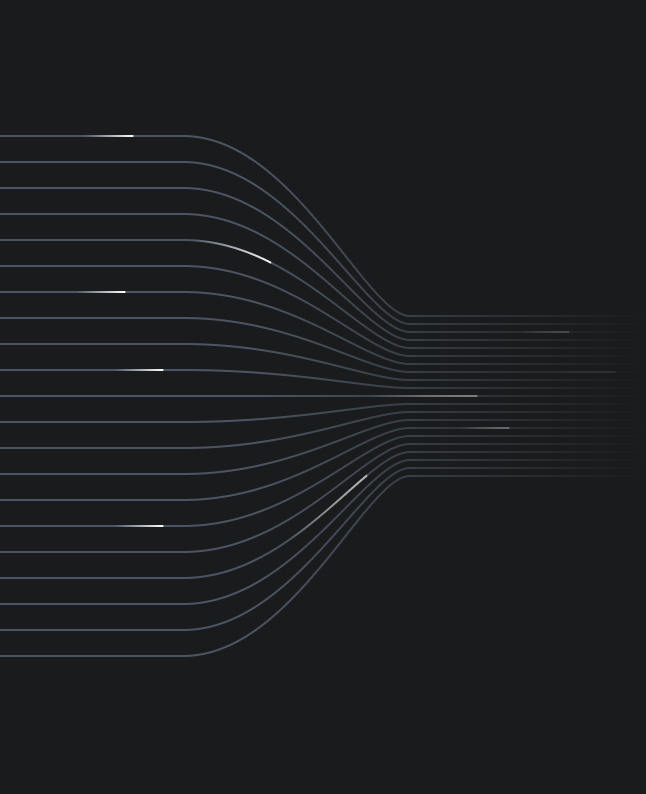 White curved lines on black converge and fan out, forming a flowing network pattern, evoking construction equipment tracking.