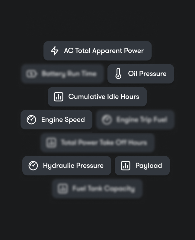 A dark background with labeled icons for power, runtime, pressure, idle hours, fuel, and payload; relates to construction telematics.