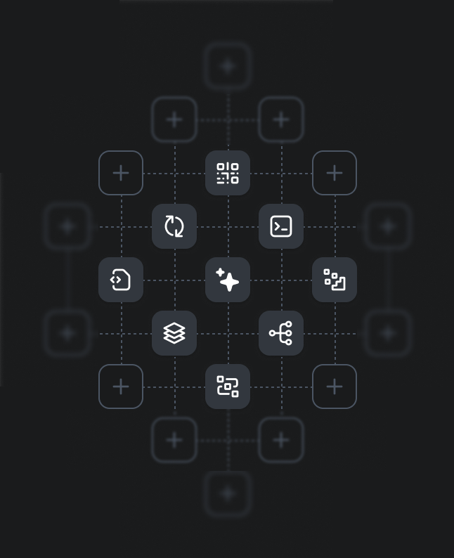 A grid of connected icons, including a QR code and a central star, on a dark background, symbolizing construction IoT.