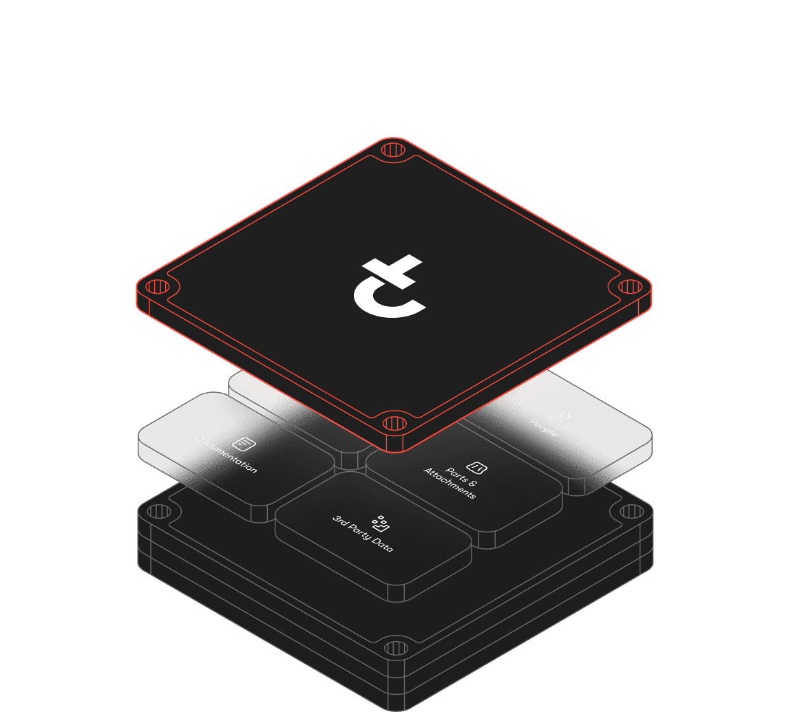 Stylized layers of tech components and symbols for data, automation, and security, representing construction equipment tracking.