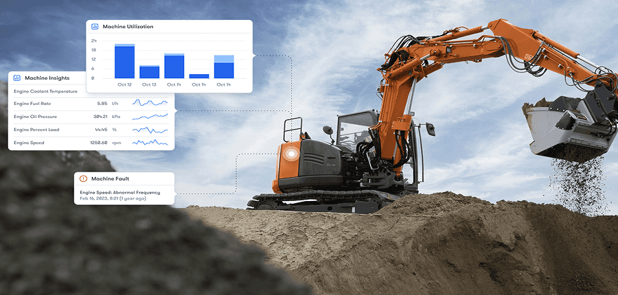 An orange excavator on a dirt mound with overlaid graphics showing machine data, charts, and alerts for construction telematics.