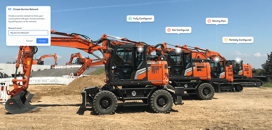 Four orange excavators on a dirt lot display configuration statuses, with a service network setup window—fleet management concept.