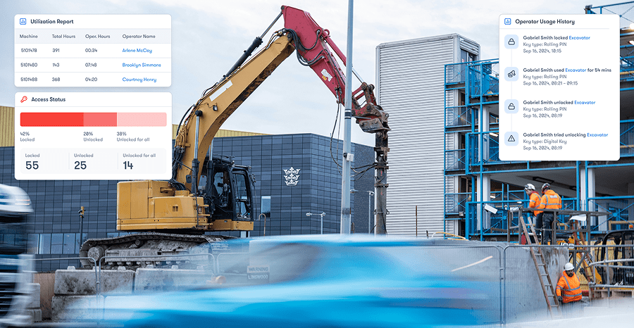 Construction site with workers, a yellow excavator, and buildings, plus overlays showing equipment usage stats and operator history; construction IoT.