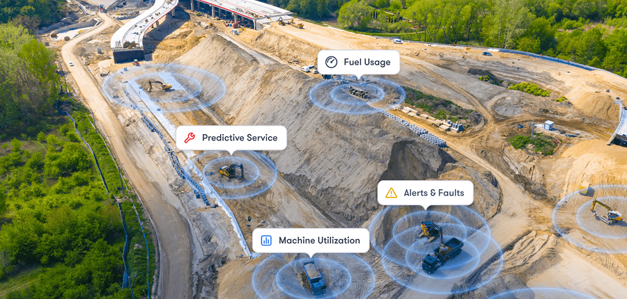 Heavy machinery at a construction site with digital overlays for smart monitoring, highlighting construction equipment tracking.