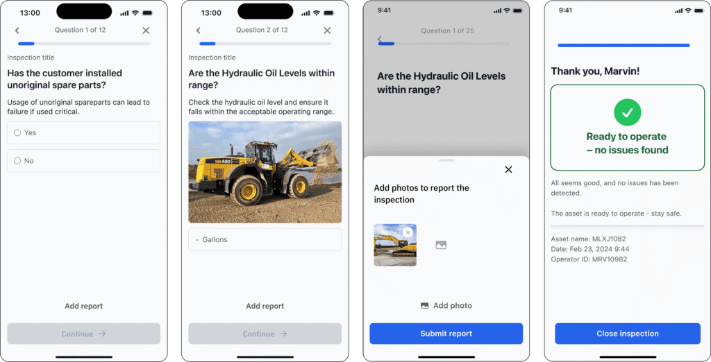 Four smartphone screenshots show a construction equipment inspection app with questions, photo uploads, and an all-clear completion screen.