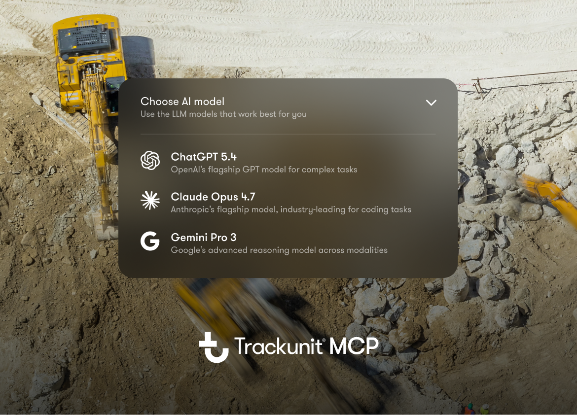 Aerial view of construction vehicles on dirt, with a telematics-style menu showing AI models above the Trackunit MCP logo.