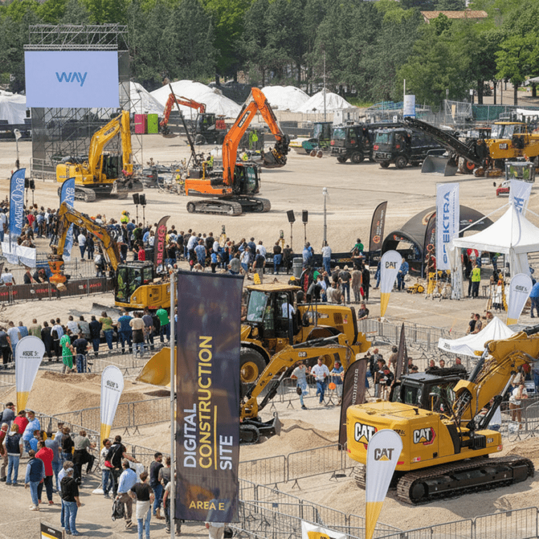 An outdoor construction expo with excavators, heavy machinery, Digital Construction Site banners, and Trackunit's IrisX for construction IoT.