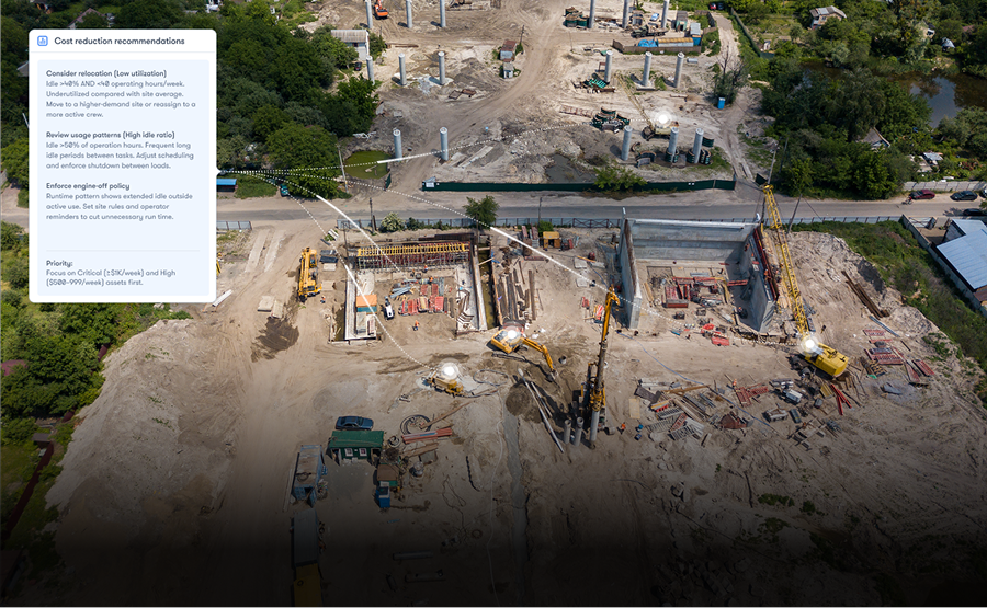 Aerial view of a construction site with cranes and machinery. Overlay box displays project cost reduction tips, highlighting savings. Connected jobsite.