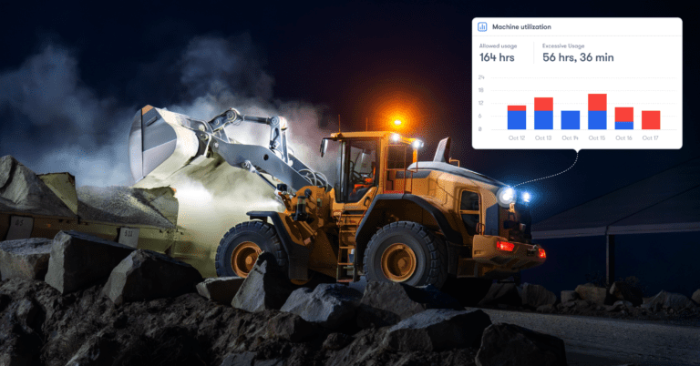 A construction loader moves rocks at night under bright lights. Overlay shows machine usage bar chart, illustrating fleet management.