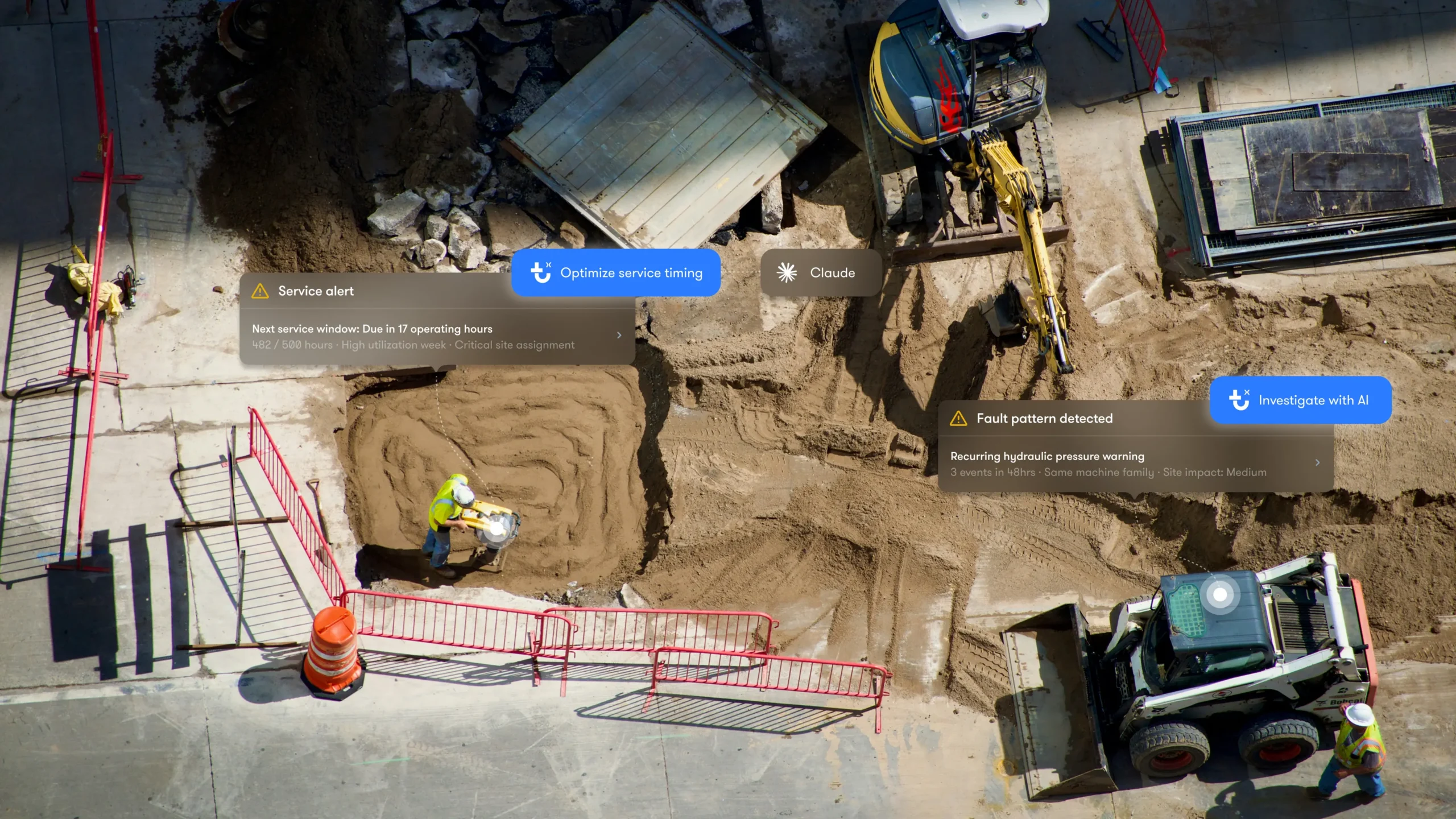 Aerial view of a construction site with workers, an excavator, and a skid steer loader, featuring digital interface overlays that use telematics to track equipment.