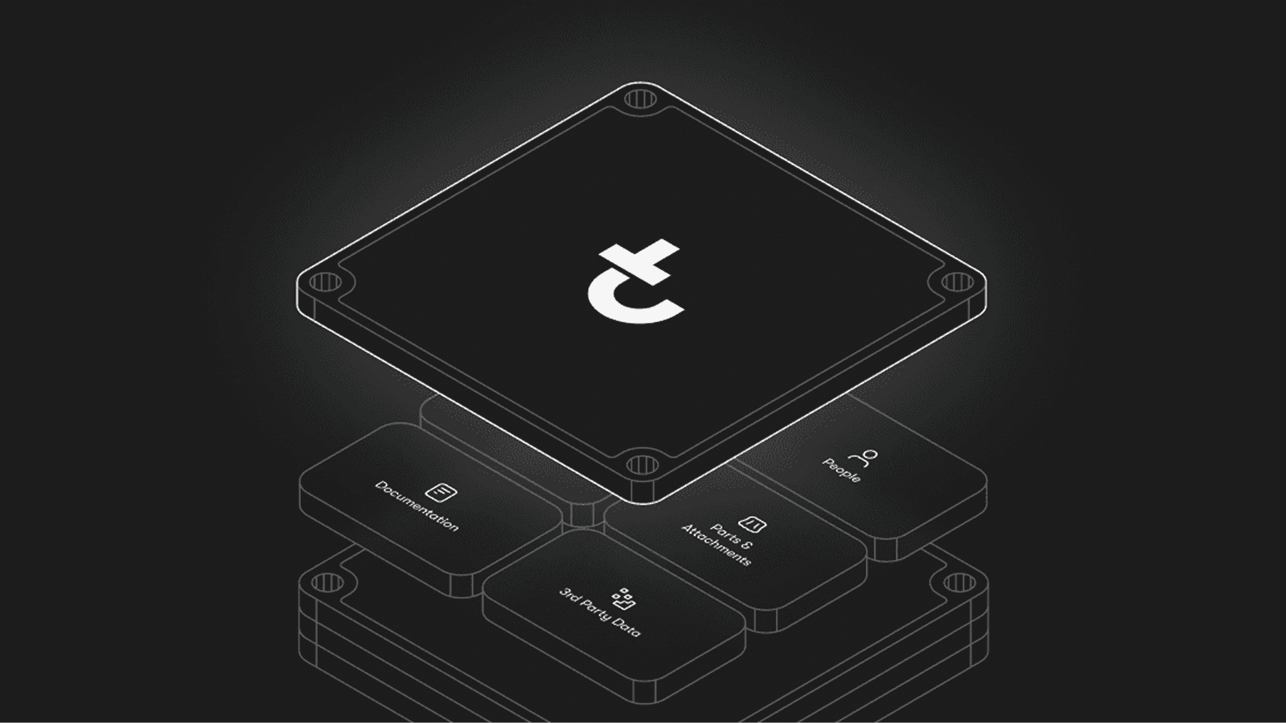 A stylized microchip with the Tether (₮) logo above blocks labeled with data and payments terms, set on a dark background.