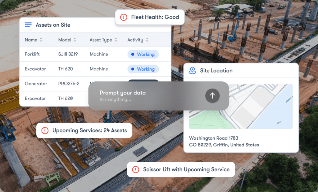 Construction site dashboard showing equipment status, map location, fleet health, asset activity, and service alerts; construction IoT.