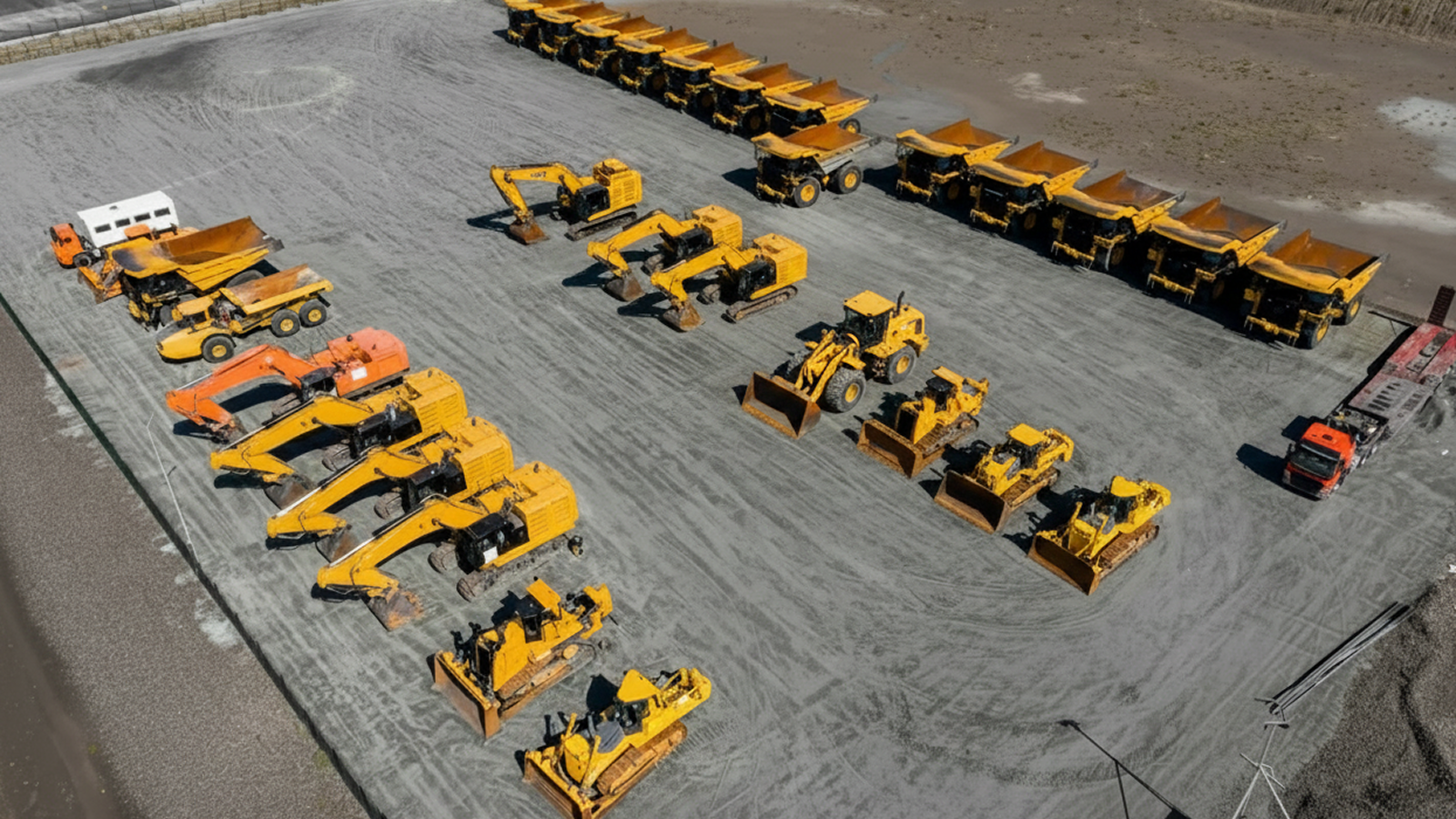 Aerial view of a construction equipment lot with yellow machines and trucks parked in rows, highlighting fleet management.