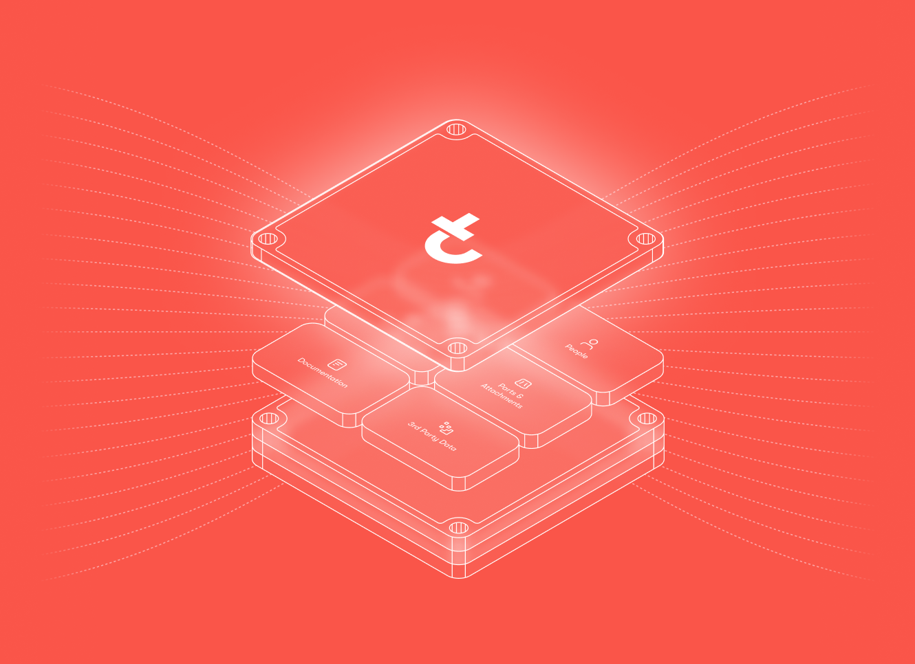 A glowing white stack of cubes on a red background, top cube with stylized t logo and radiating lines, suggesting telematics.