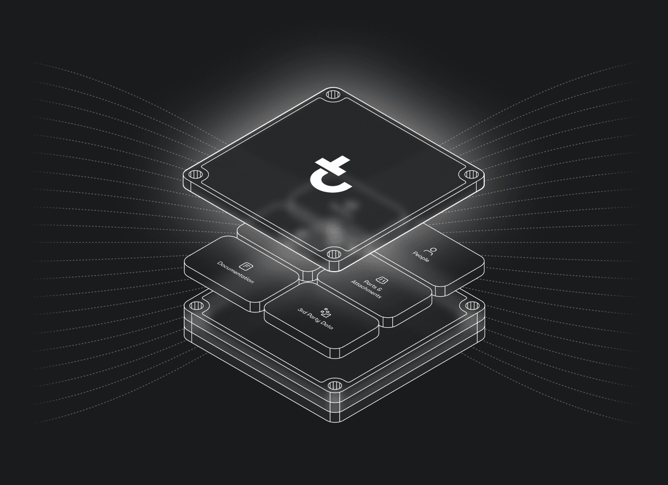 Isometric illustration of circuit-like stacked blocks on a dark background, glowing top T symbol, suggesting telematics connectivity.