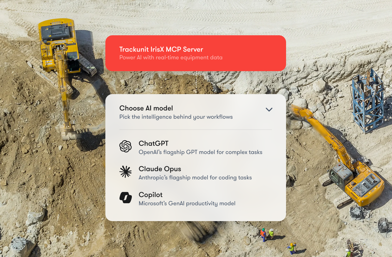 Aerial view of two yellow excavators at a construction site with a digital overlay showing workflow integration for construction IoT.