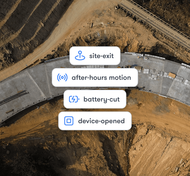 Aerial view of a construction site with a curved concrete path and four notification icons, highlighting a connected jobsite.