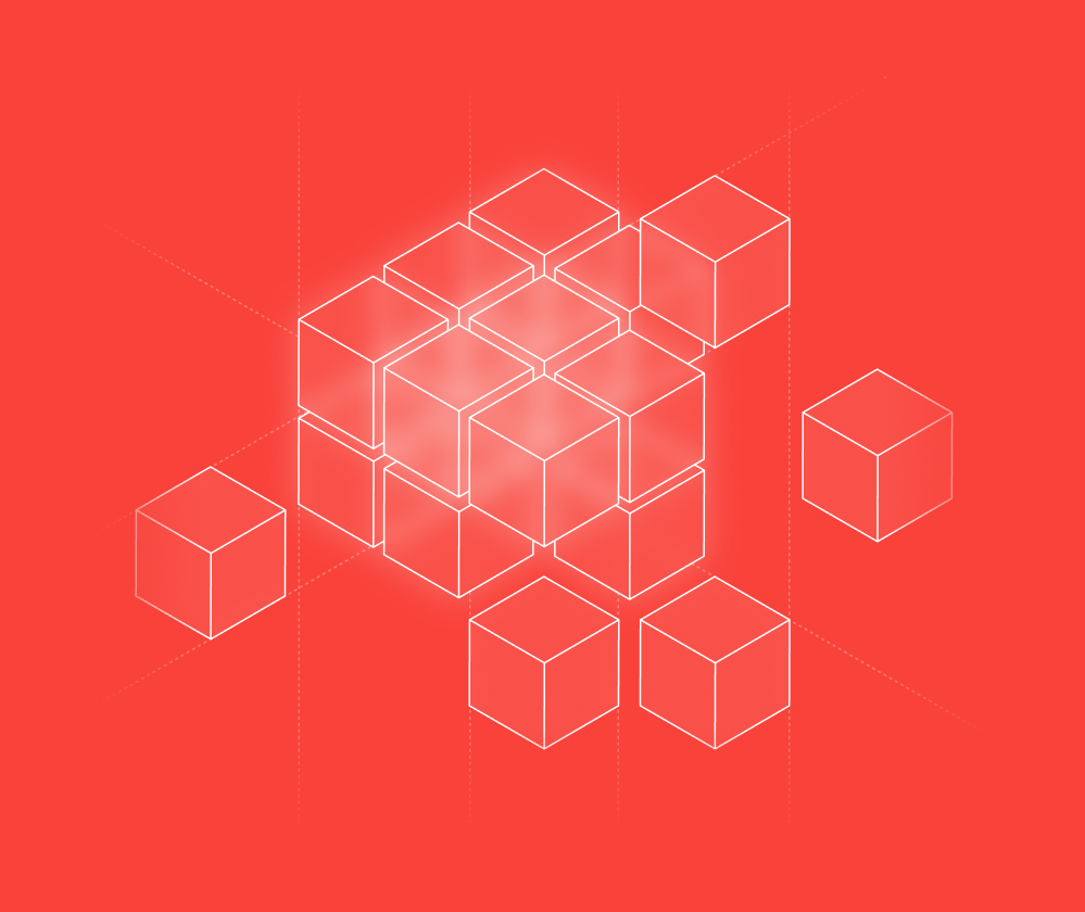 A white wireframe cube with smaller cubes floats on a solid red background, suggesting construction IoT and an abstract design.