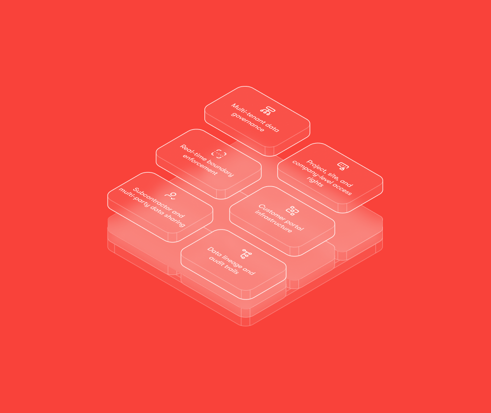 Isometric illustration of seven transparent blocks with business goals, themed for a connected jobsite.