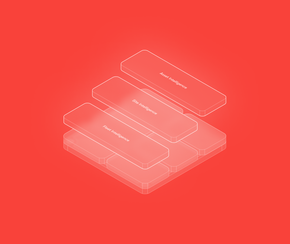 A 3D isometric diagram on a red background displays three transparent stacked layers, highlighting construction IoT.