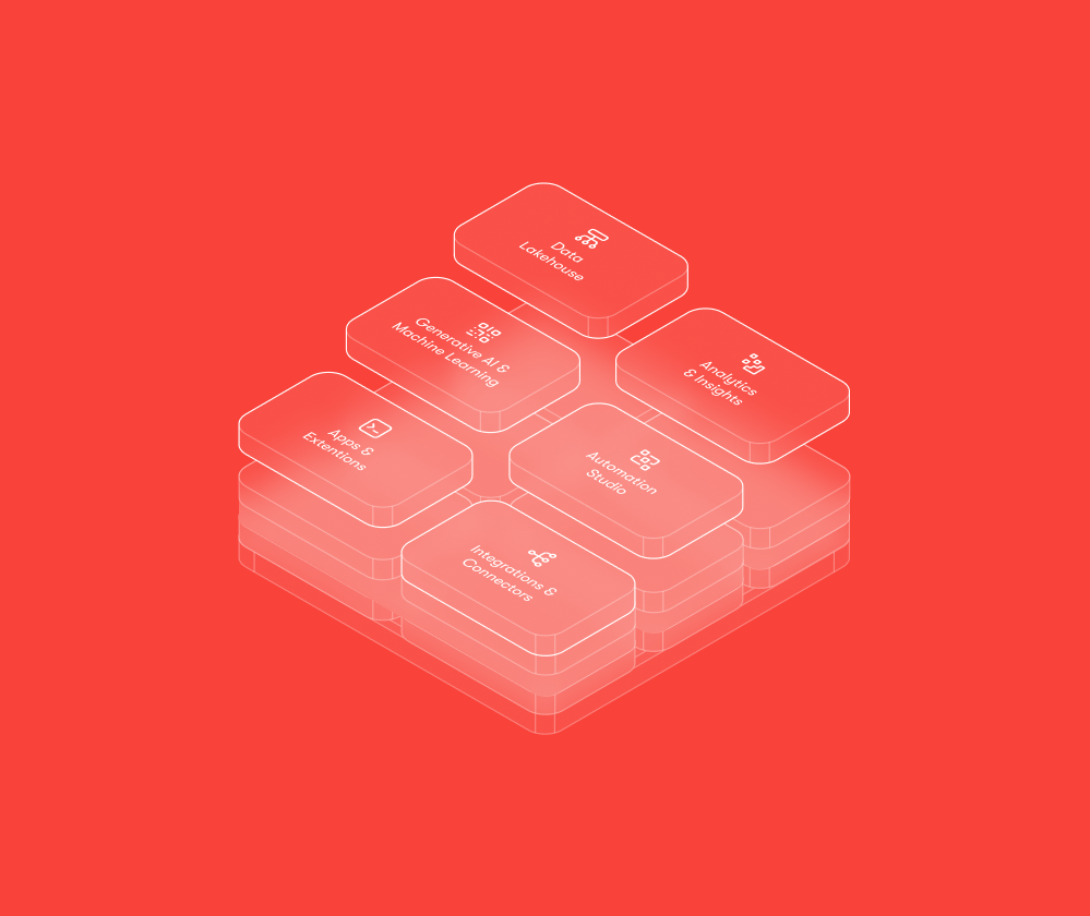 Translucent stacked cubes on a red background labeled with icons and text like Low Rates and Automated Strategies, suggesting fleet management.