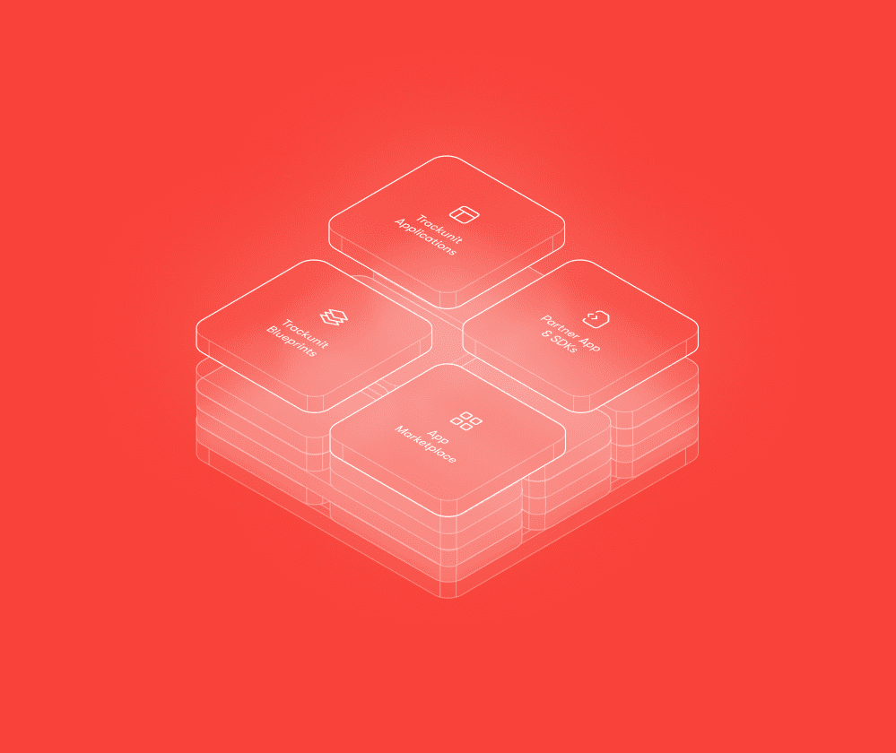 3D illustration of four stacked transparent cubes on a red background, labeled with app layers, symbolizing connected jobsite.