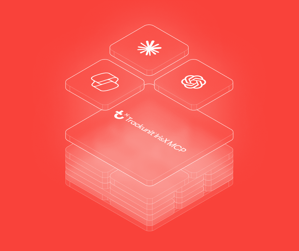 Translucent blocks with Zapier, Slack, and OpenAI logos float above a “Trackunit-iot-xMCP” block on a glowing red background.